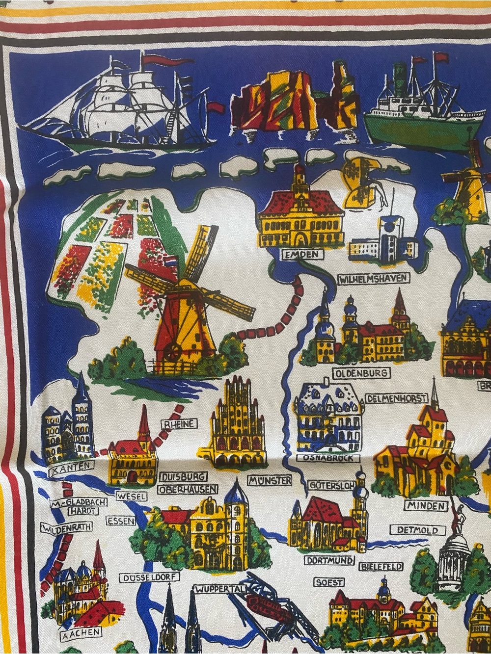 Vintage Mid-Century Souvenir Tablecloth/Illustrated Map Of German Cities